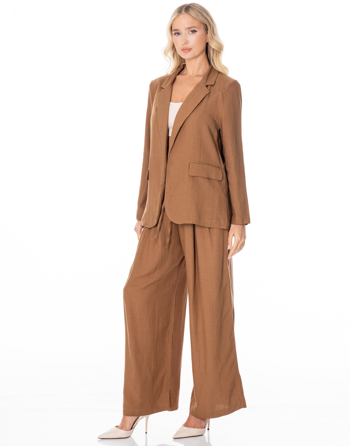 Linen Blazer Wide Pant Suit Set - Brown