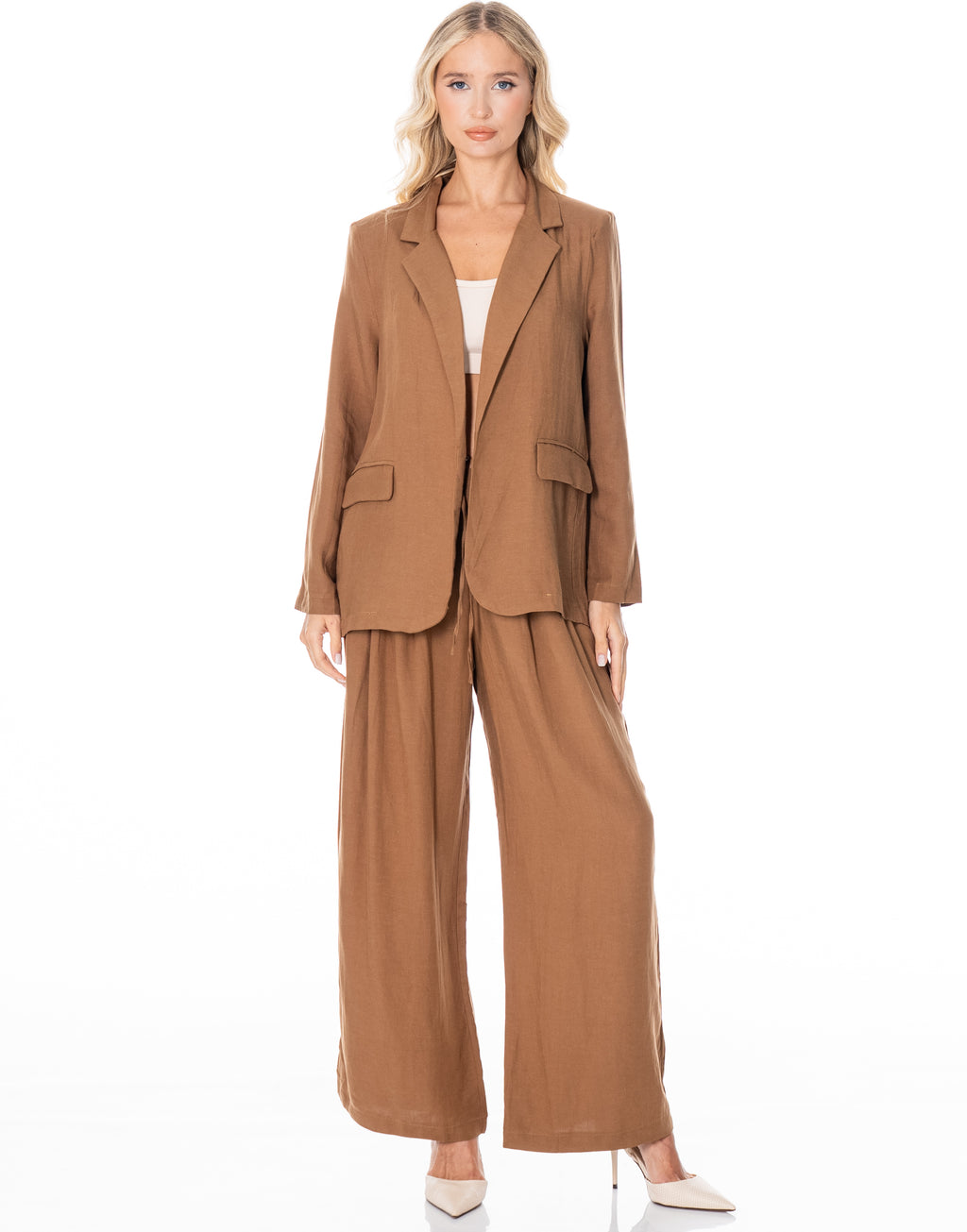 Linen Blazer Wide Pant Suit Set - Brown
