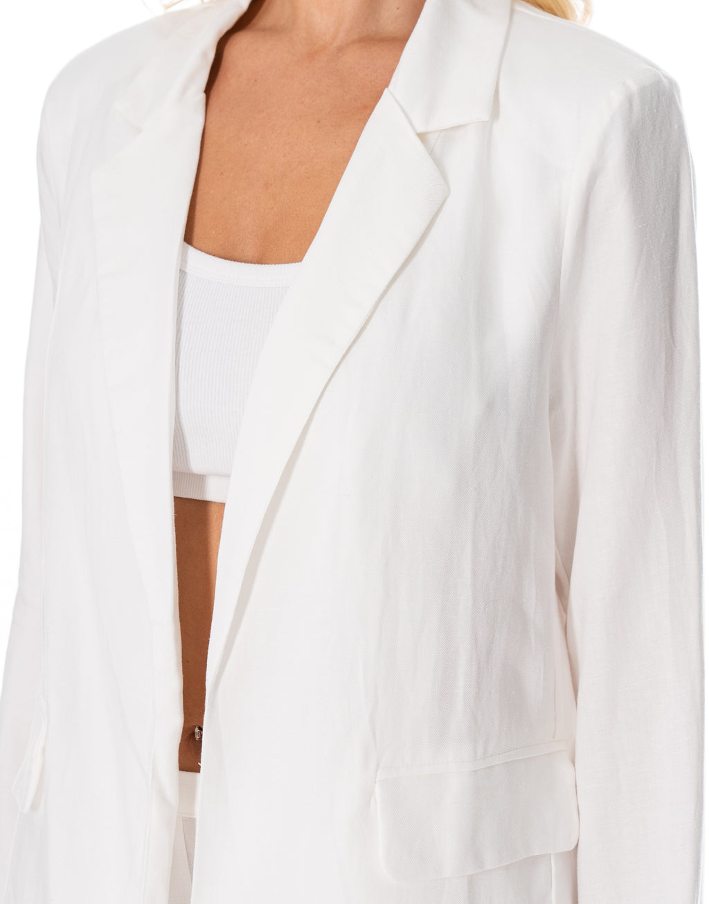 Linen Blazer Wide Pant Suit Set - White