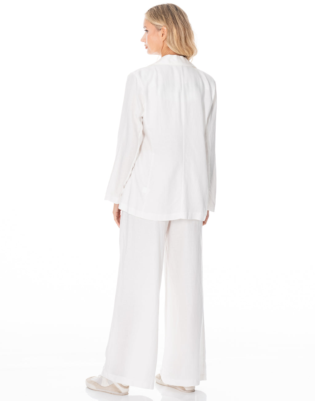 Linen Blazer Wide Pant Suit Set - White