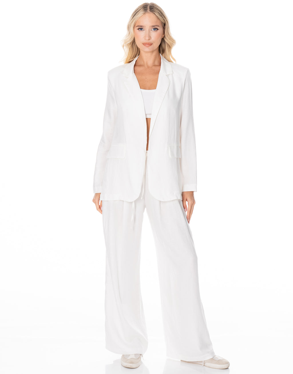 Linen Blazer Wide Pant Suit Set - White