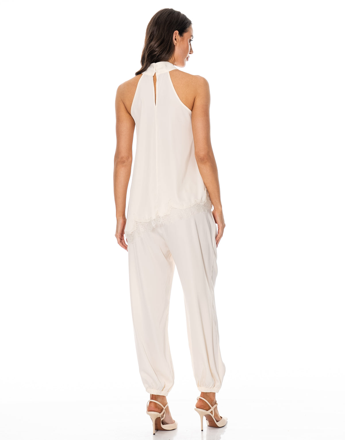 Satin Halter Lace Trim Pant Set - Beige