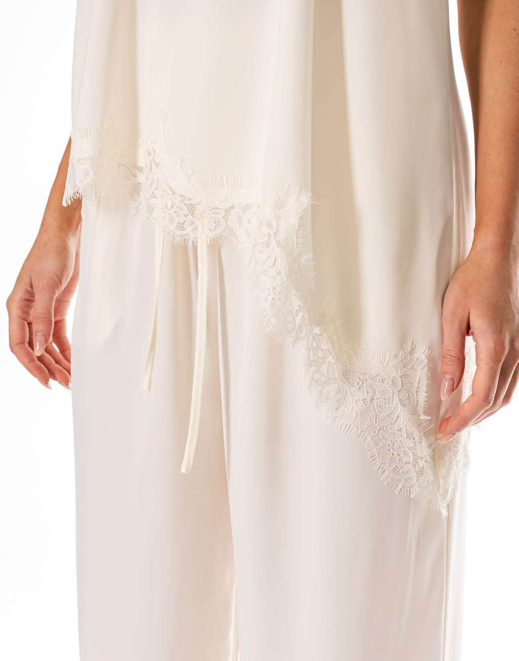 Satin Halter Lace Trim Pant Set - Beige