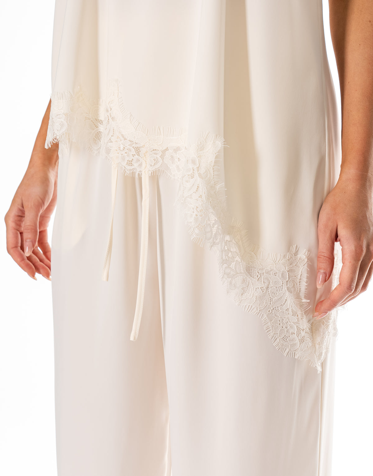 Satin Halter Lace Trim Pant Set - Beige