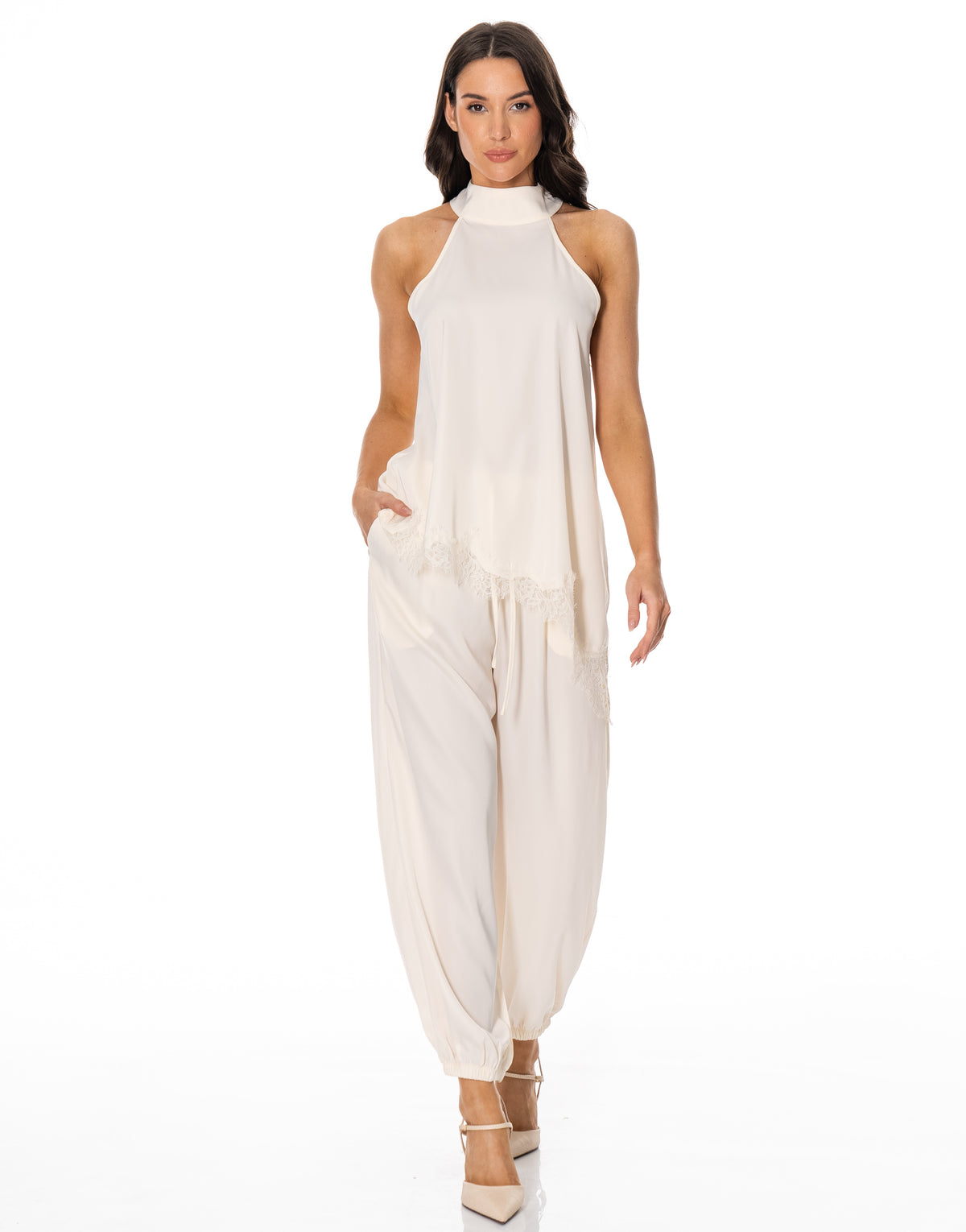 Satin Halter Lace Trim Pant Set - Beige