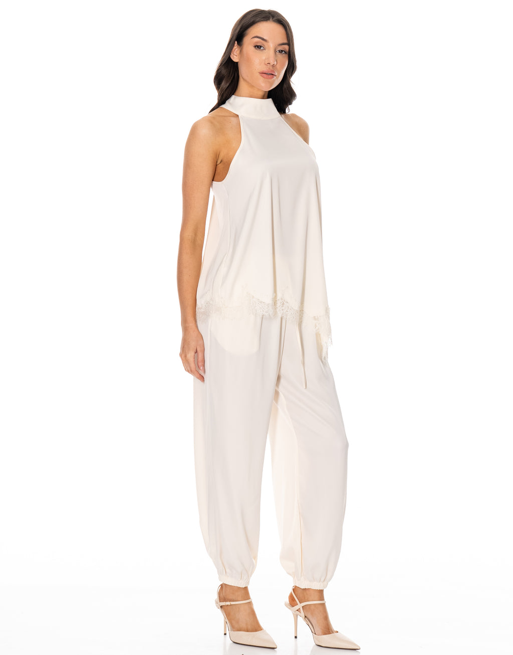 Satin Halter Lace Trim Pant Set - Beige