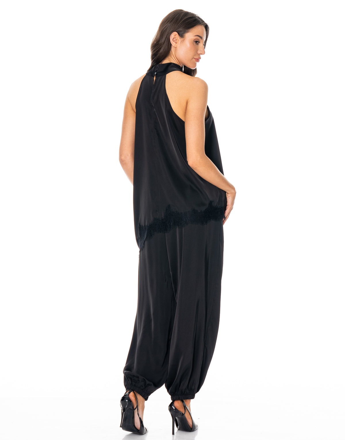 Satin Halter Lace Trim Pant Set - Black