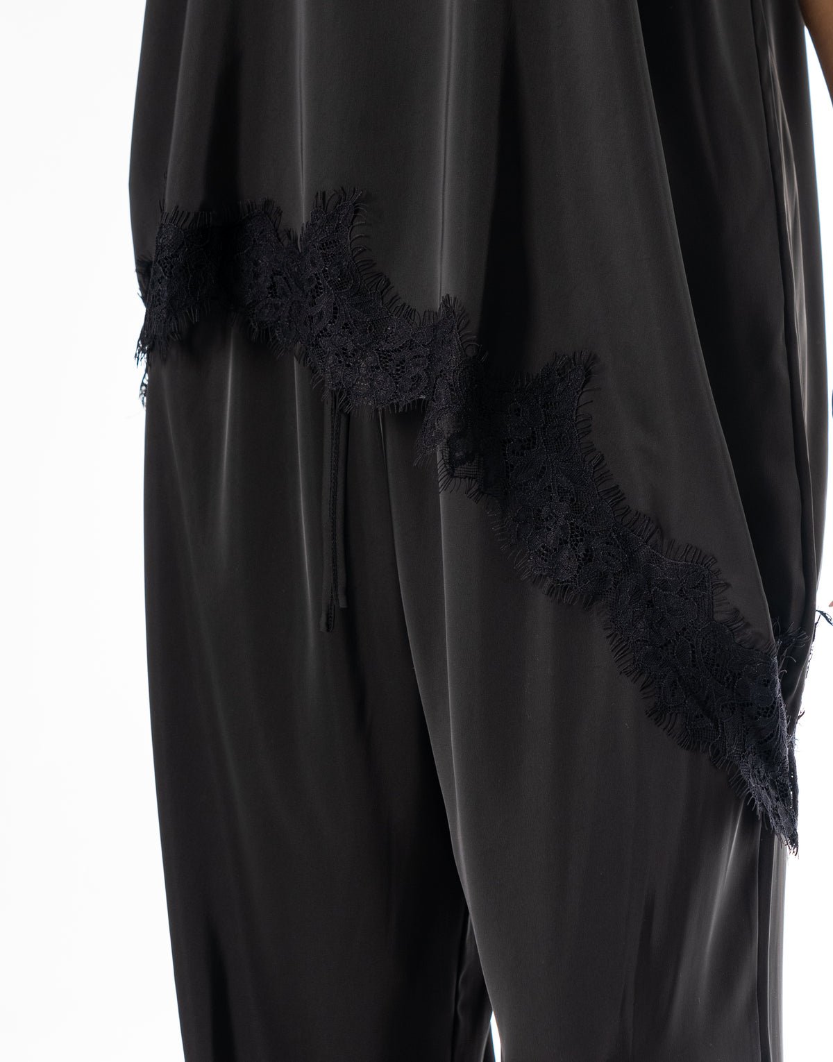 Satin Halter Lace Trim Pant Set - Black