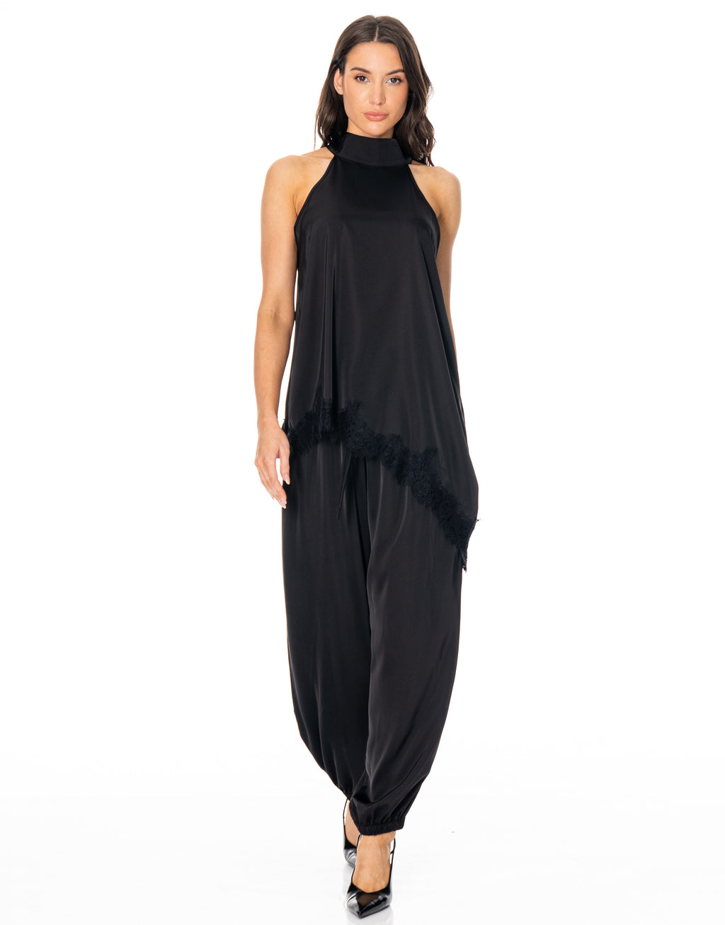 Satin Halter Lace Trim Pant Set - Black