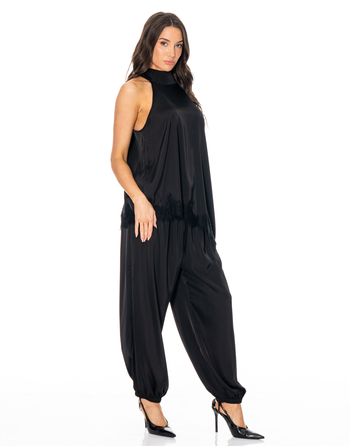 Satin Halter Lace Trim Pant Set - Black
