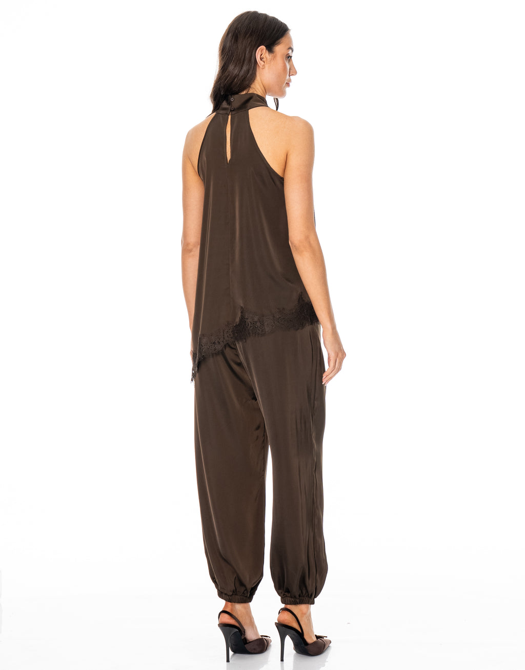 Satin Halter Lace Trim Pant Set - Coffee