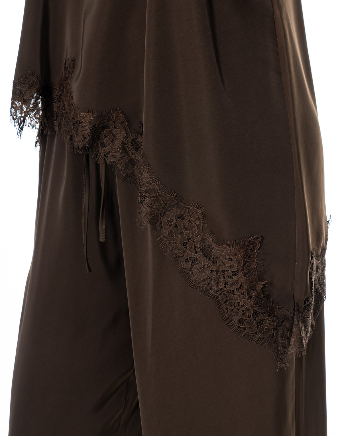 Satin Halter Lace Trim Pant Set - Coffee