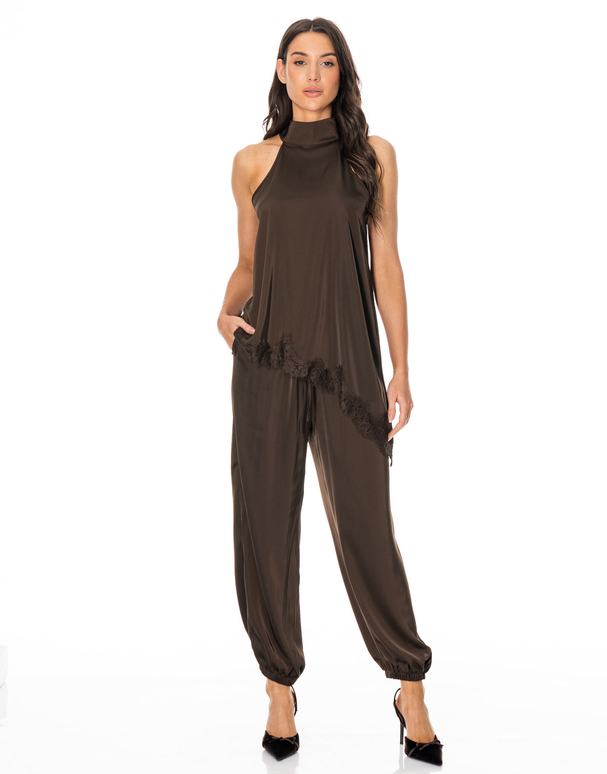 Satin Halter Lace Trim Pant Set - Coffee