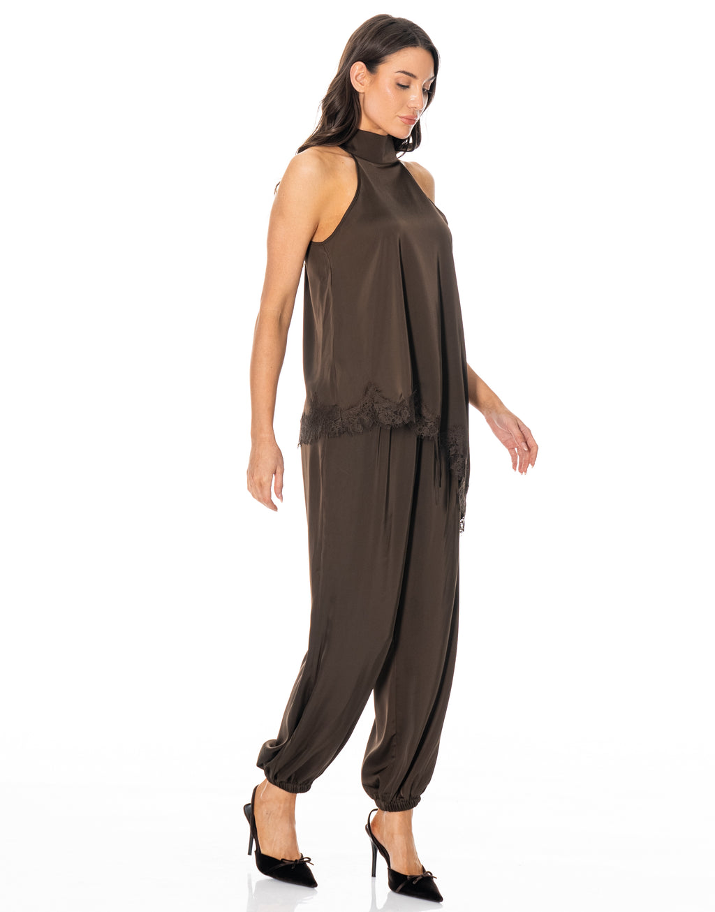 Satin Halter Lace Trim Pant Set - Coffee