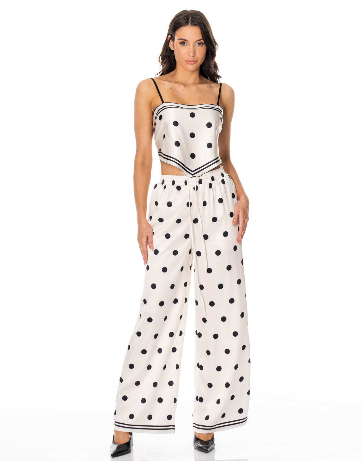 Polka Dot Cami Wide Leg Pant Set - Beige