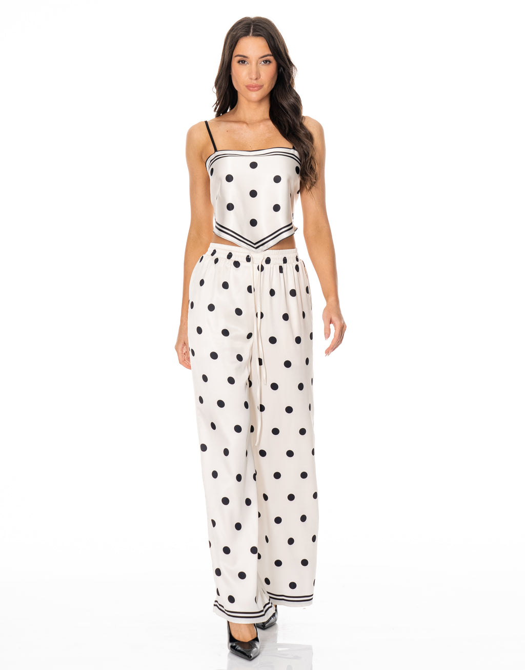 Polka Dot Cami Wide Leg Pant Set - Beige