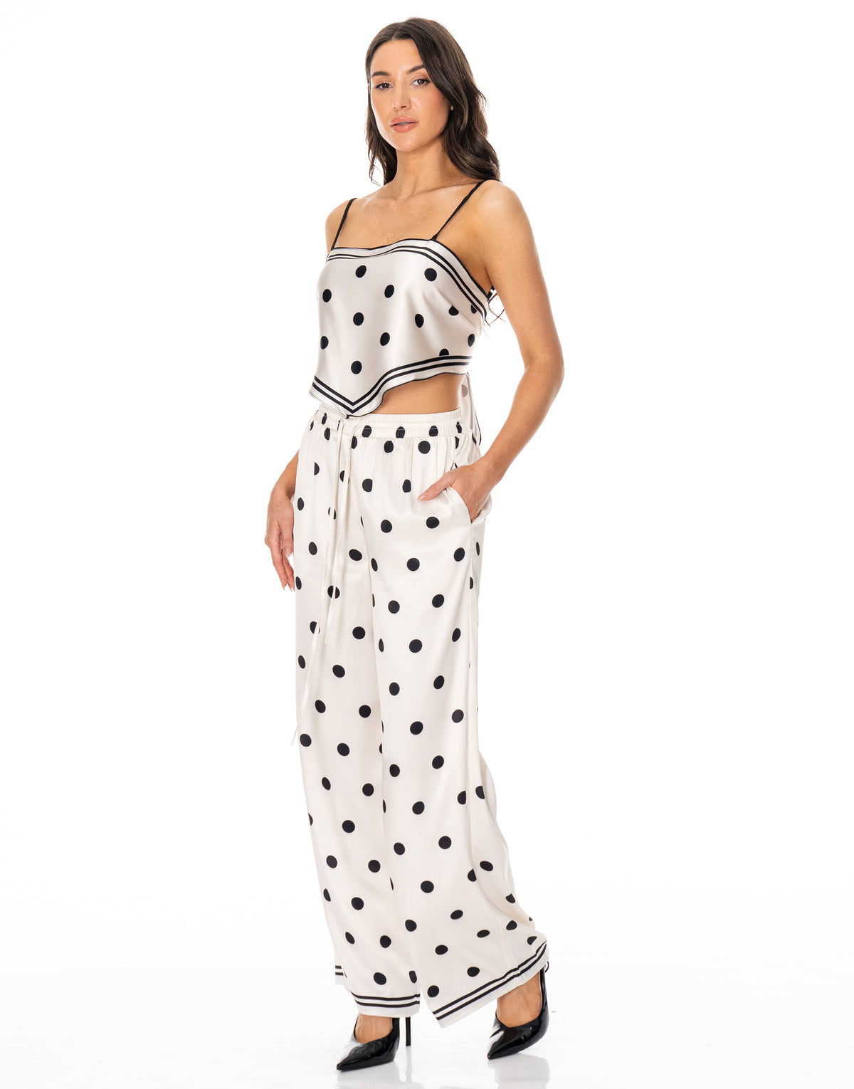 Polka Dot Cami Wide Leg Pant Set - Beige