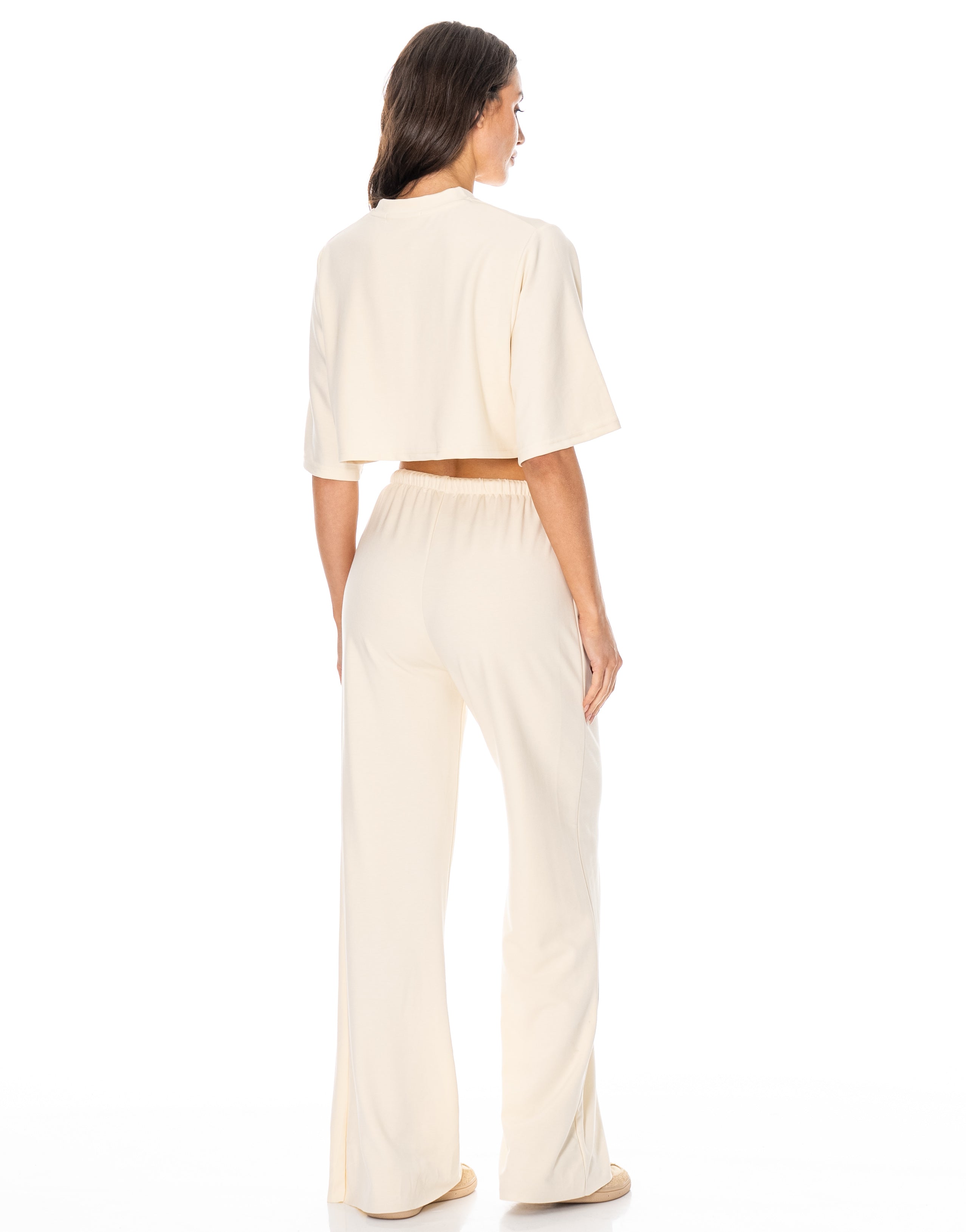 Crop Tee And Wide-Leg Pant Set - Beige