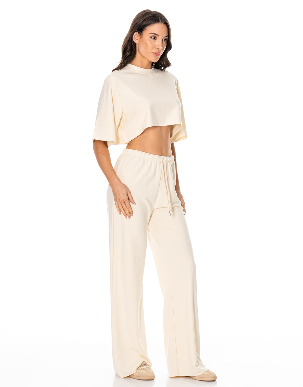 Crop Tee And Wide-Leg Pant Set - Beige