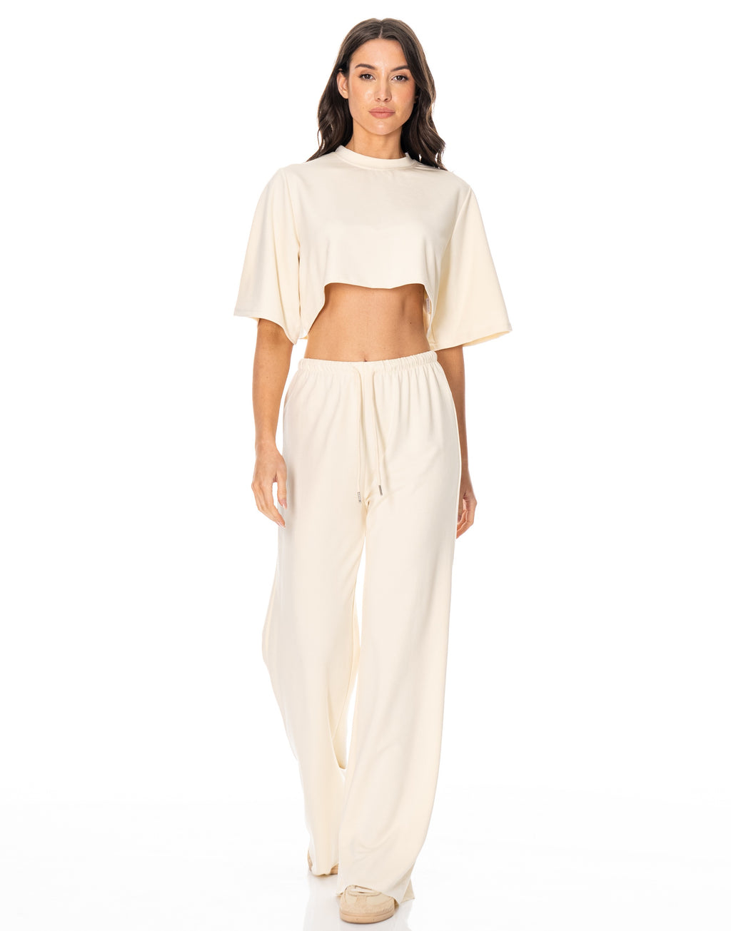Crop Tee And Wide-Leg Pant Set - Beige