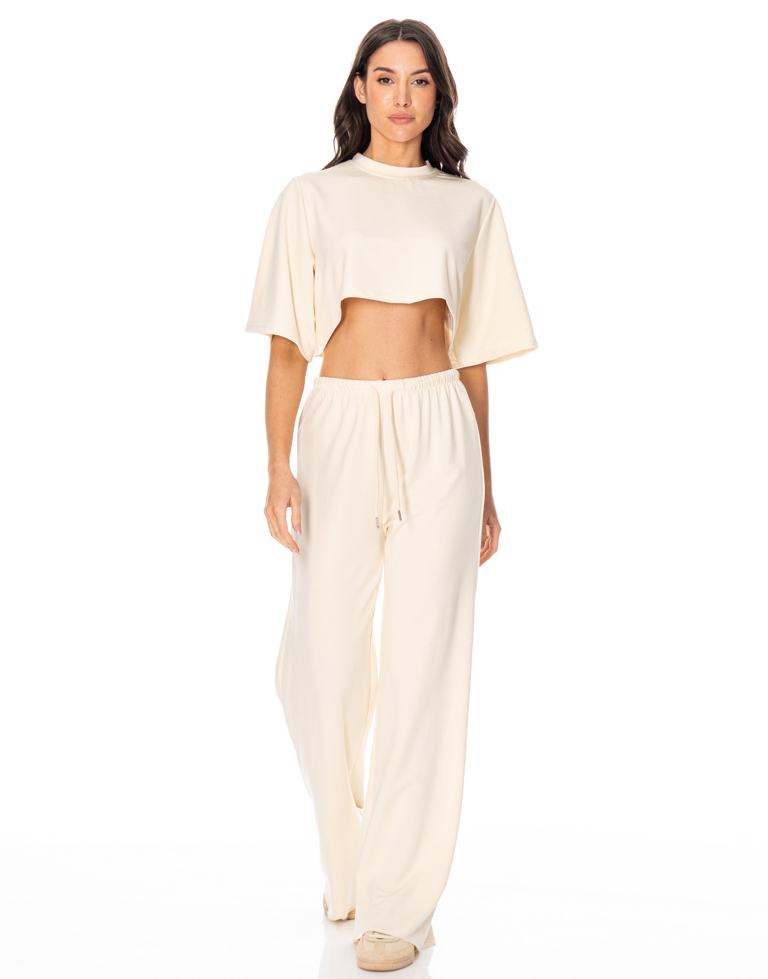 Crop Tee And Wide-Leg Pant Set - Beige