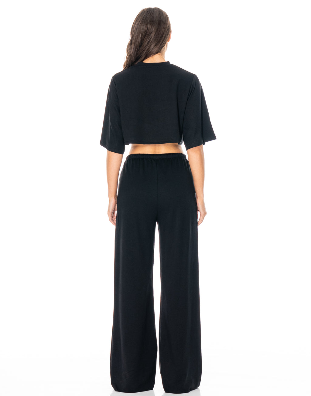 Crop Tee And Wide-Leg Pant Set - Black