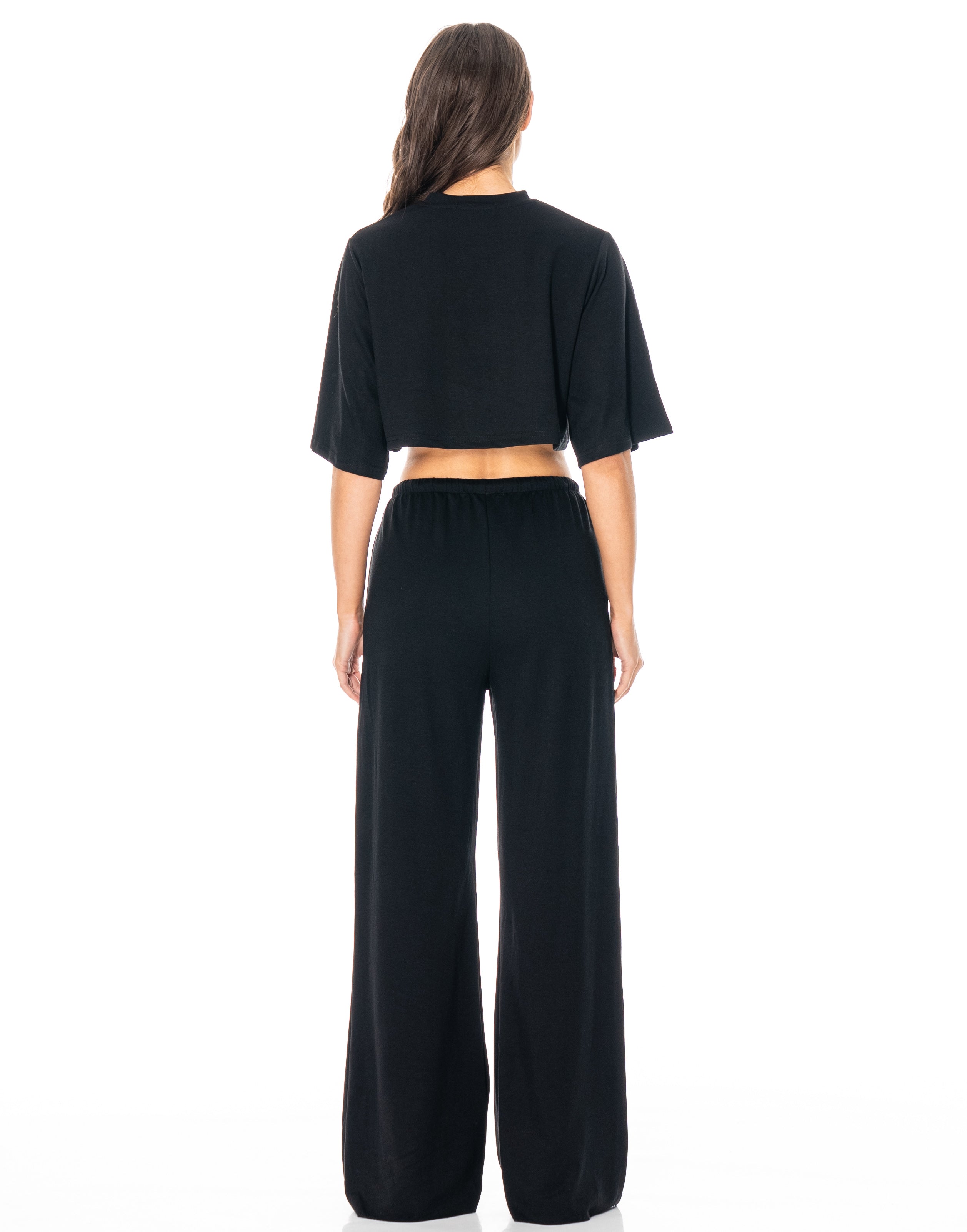 Crop Tee And Wide-Leg Pant Set - Black