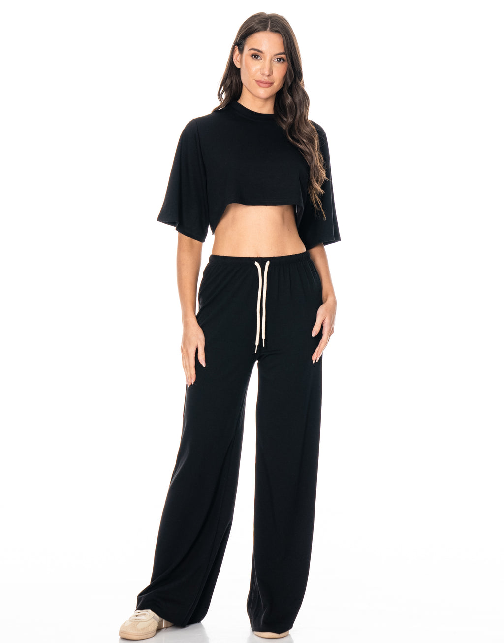 Crop Tee And Wide-Leg Pant Set - Black