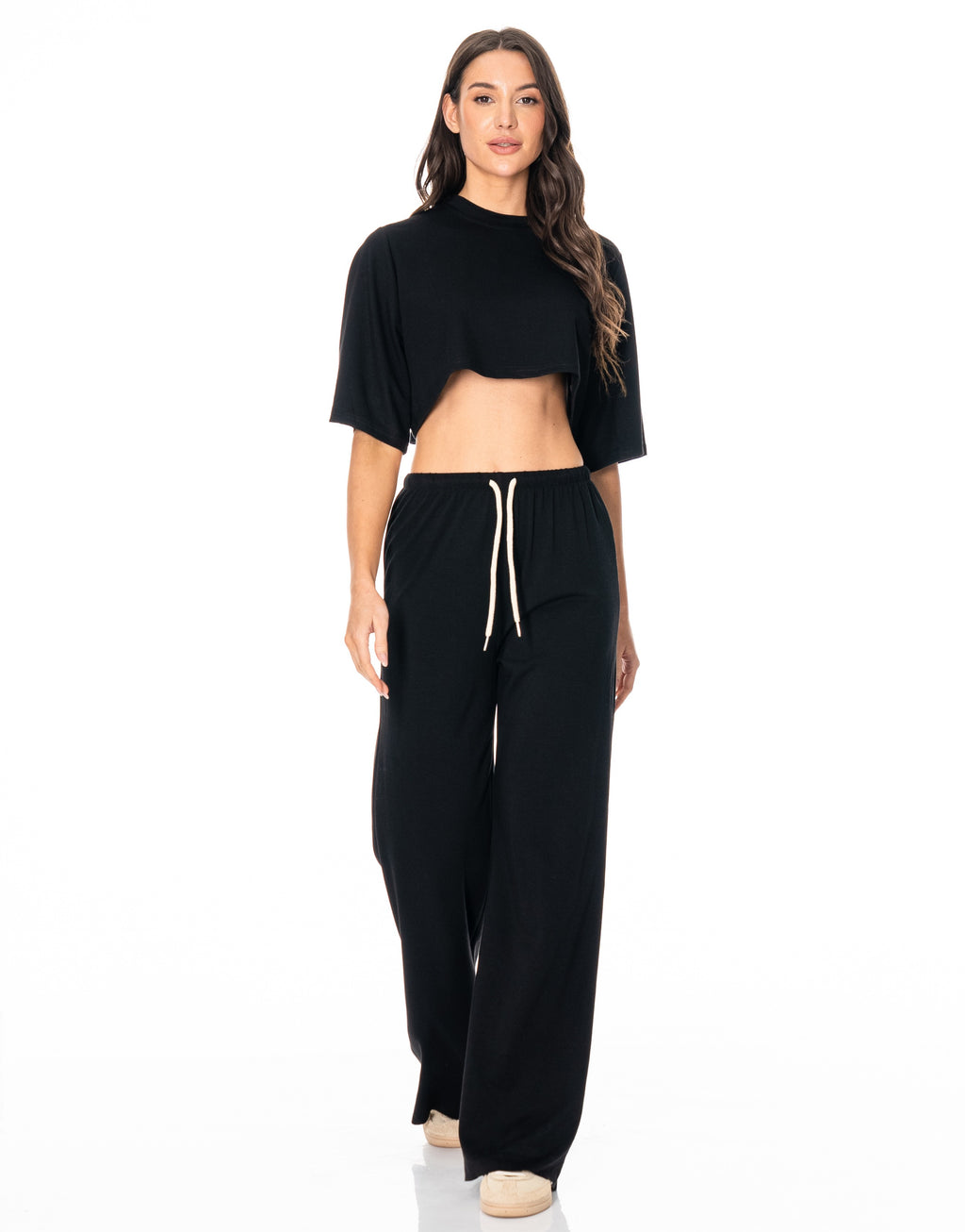 Crop Tee And Wide-Leg Pant Set - Black