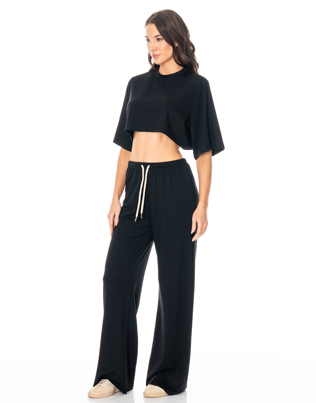 Crop Tee And Wide-Leg Pant Set - Black