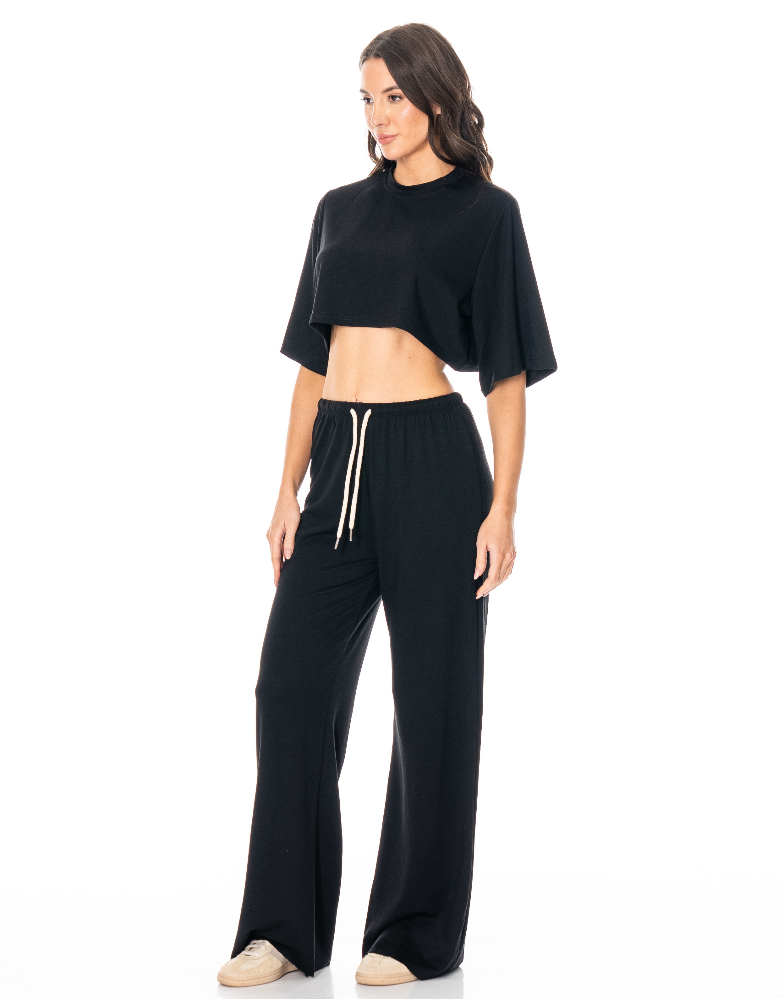 Crop Tee And Wide-Leg Pant Set - Black