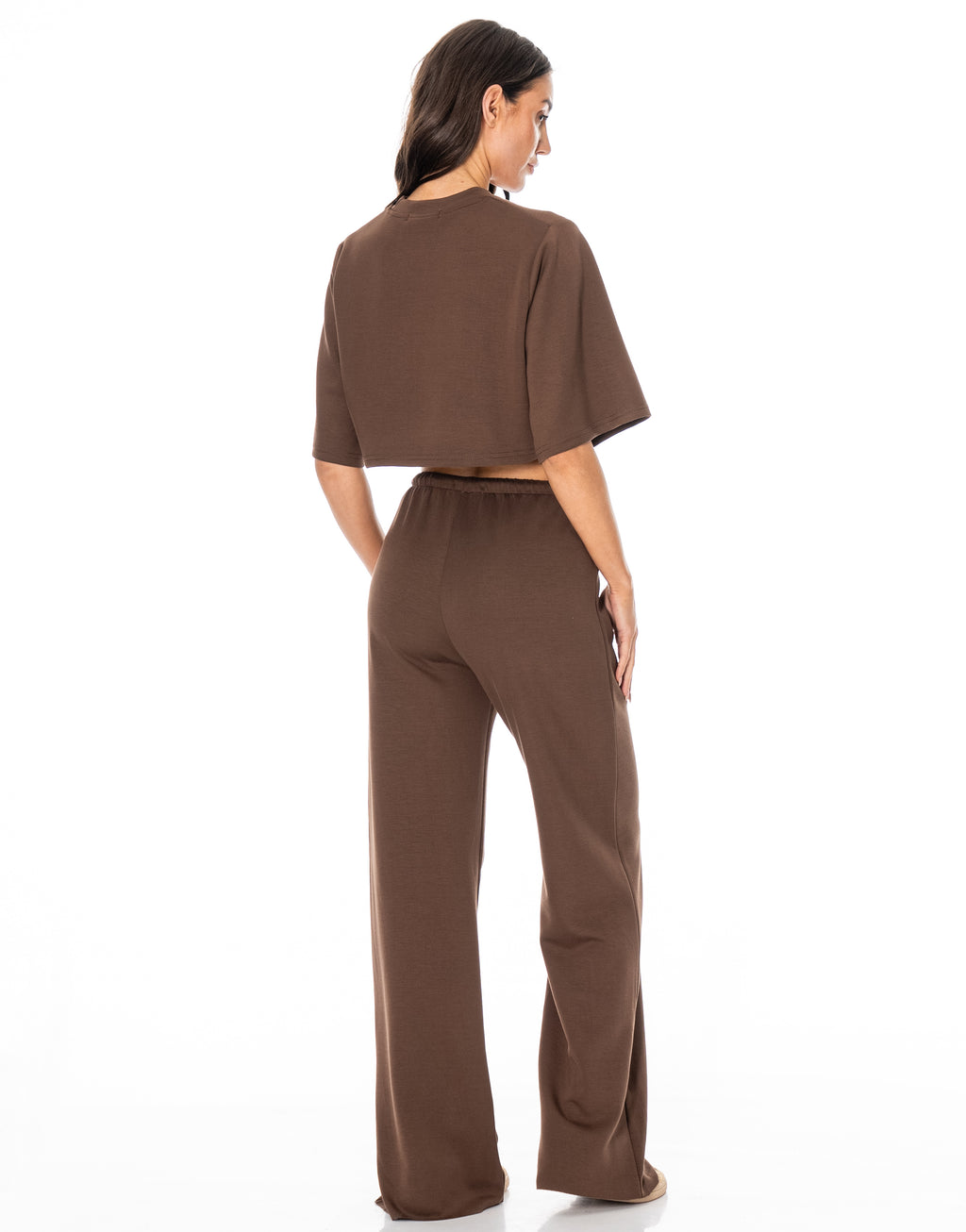 Crop Tee And Wide-Leg Pant Set - Brown