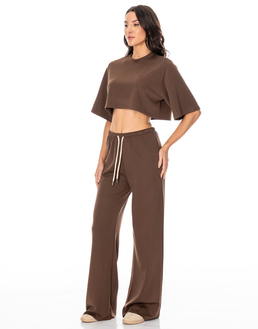 Crop Tee And Wide-Leg Pant Set - Brown