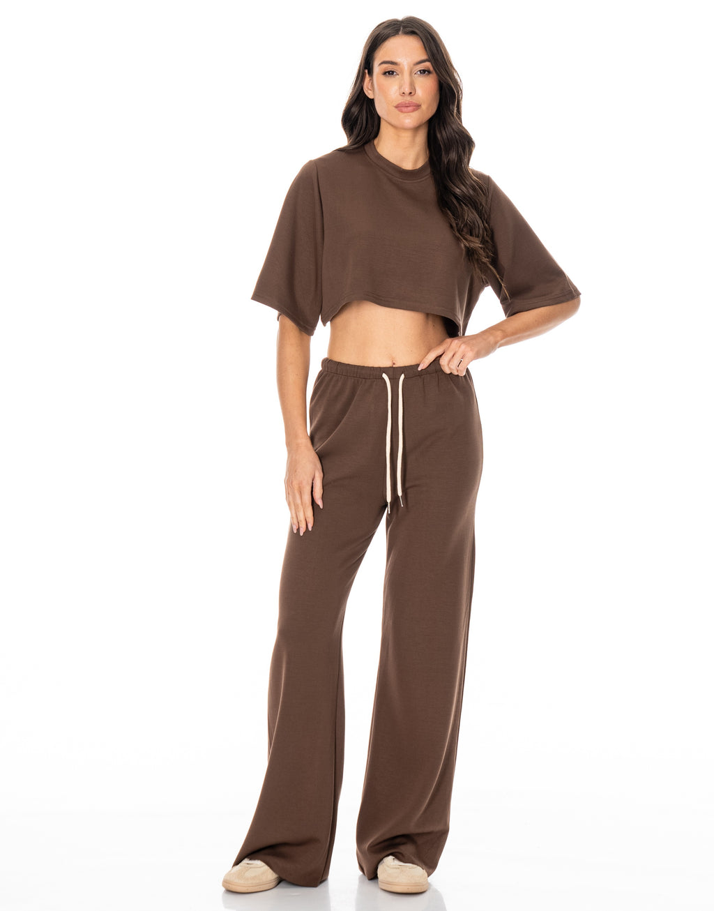 Crop Tee And Wide-Leg Pant Set - Brown