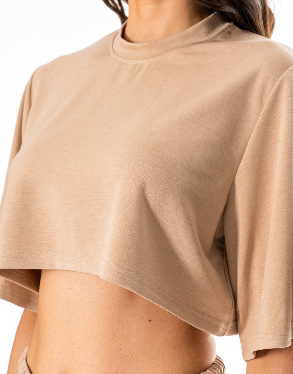 Crop Tee And Wide-Leg Pant Set - Camel