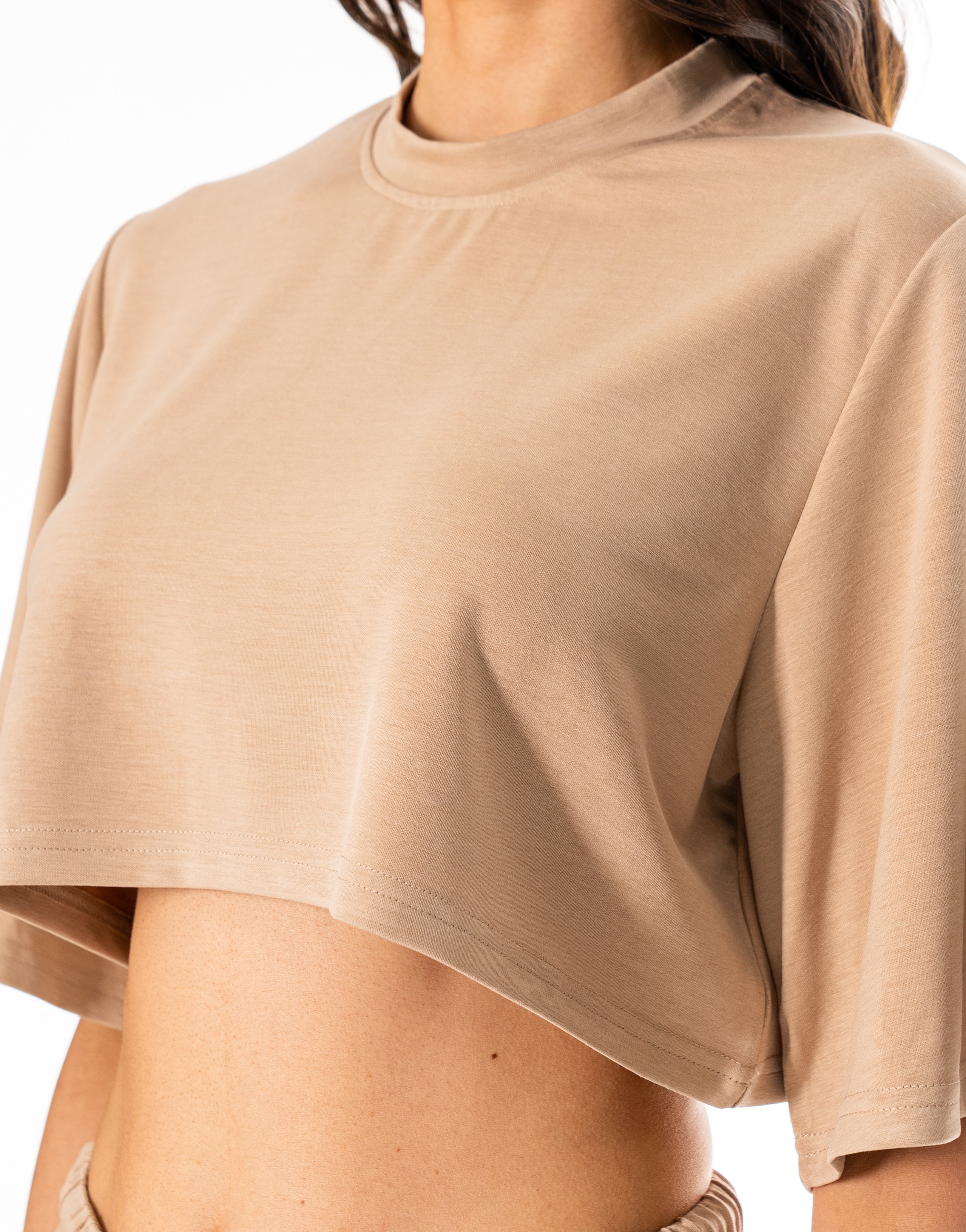 Crop Tee And Wide-Leg Pant Set - Camel