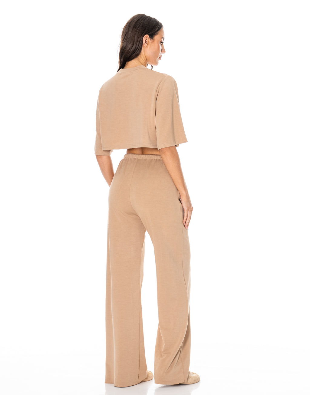 Crop Tee And Wide-Leg Pant Set - Camel