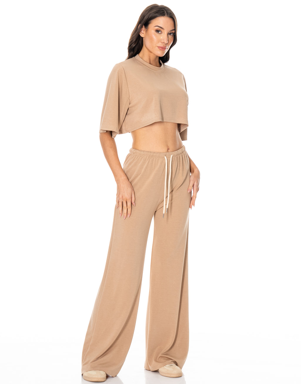 Crop Tee And Wide-Leg Pant Set - Camel