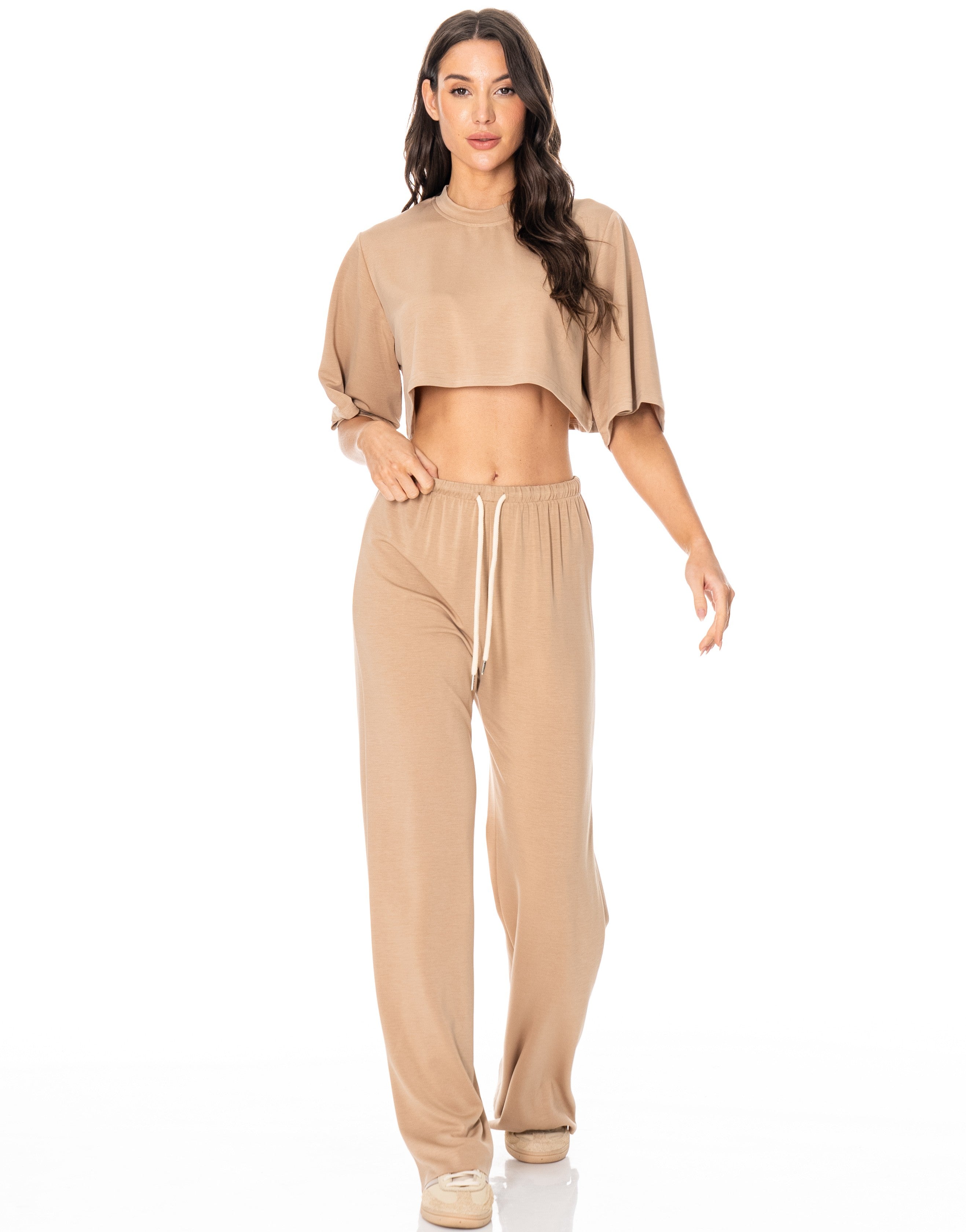 Crop Tee And Wide-Leg Pant Set - Camel