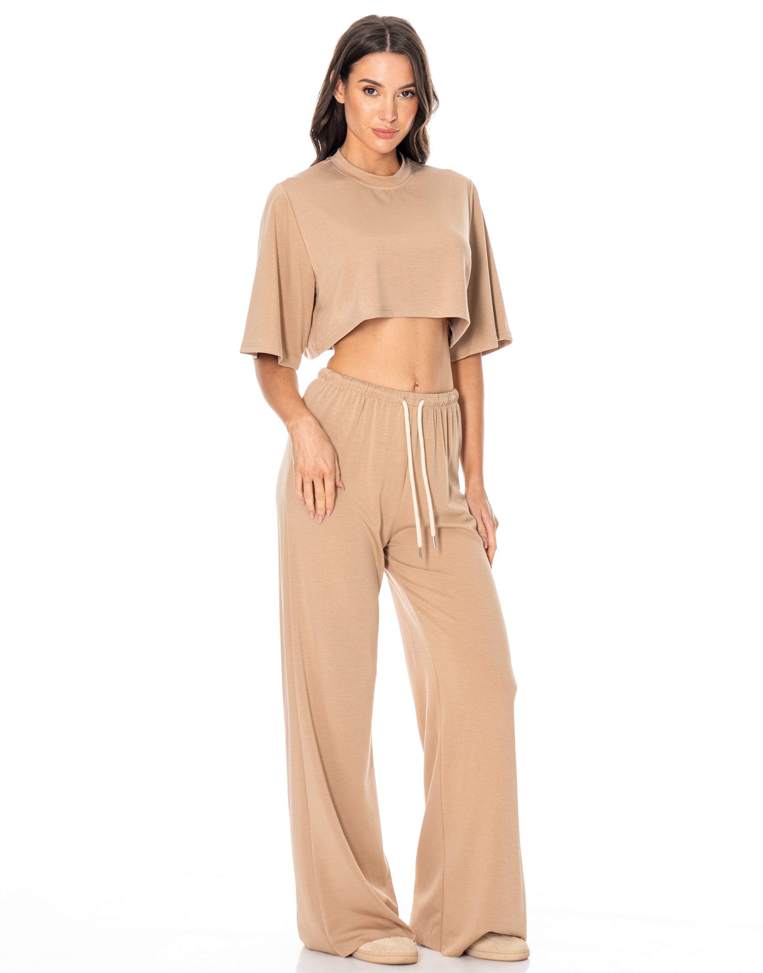 Crop Tee And Wide-Leg Pant Set - Camel