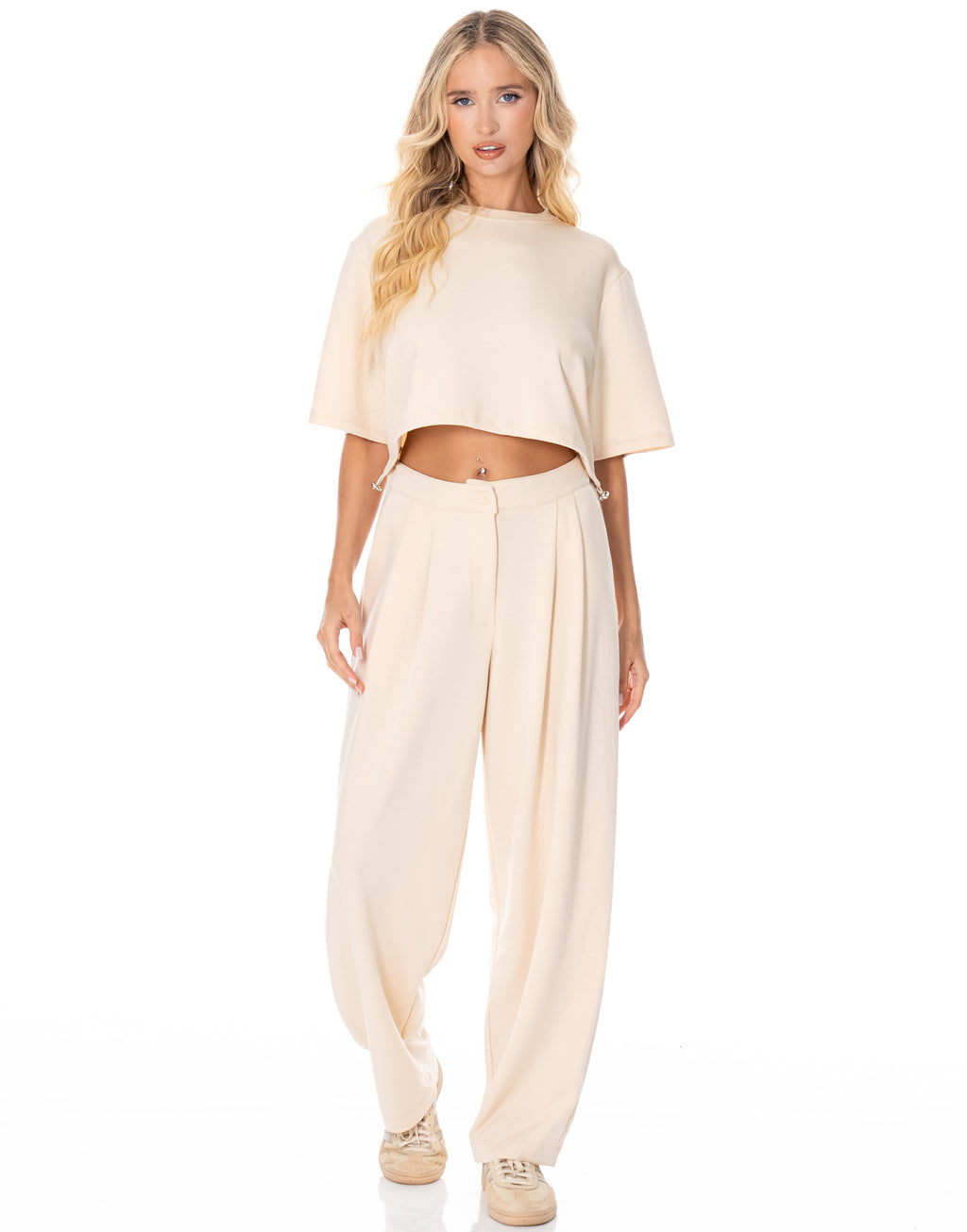 Boxy Crop Tee Wide Pant Lounge Set - Beige
