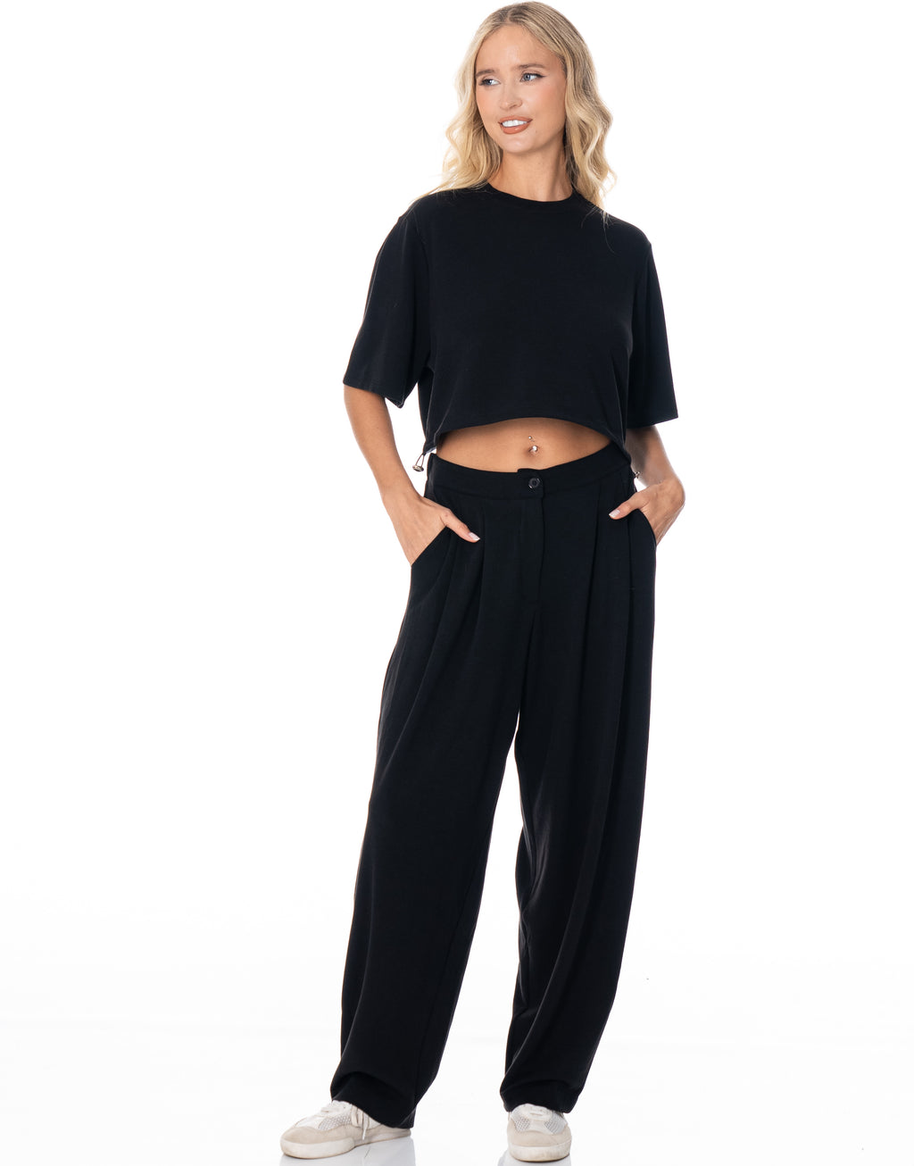 Boxy Crop Tee Wide Pant Lounge Set - Black