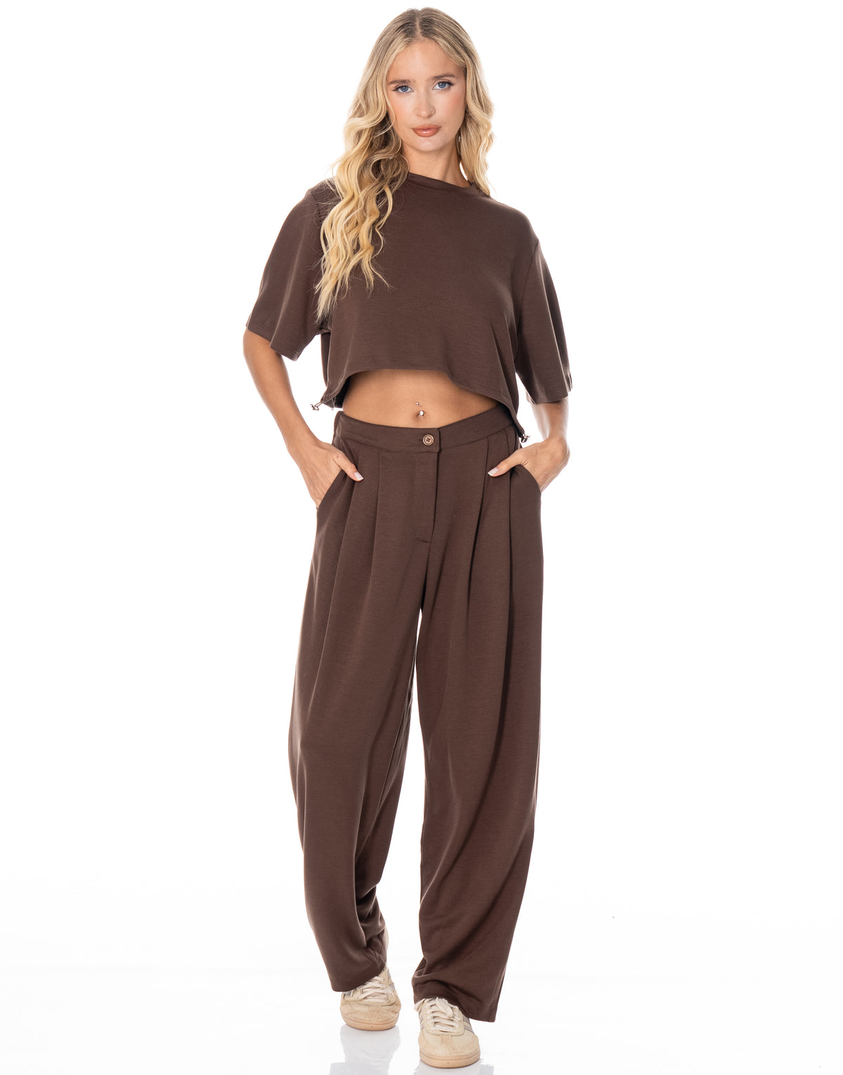 Boxy Crop Tee Wide Pant Lounge Set - Coffee