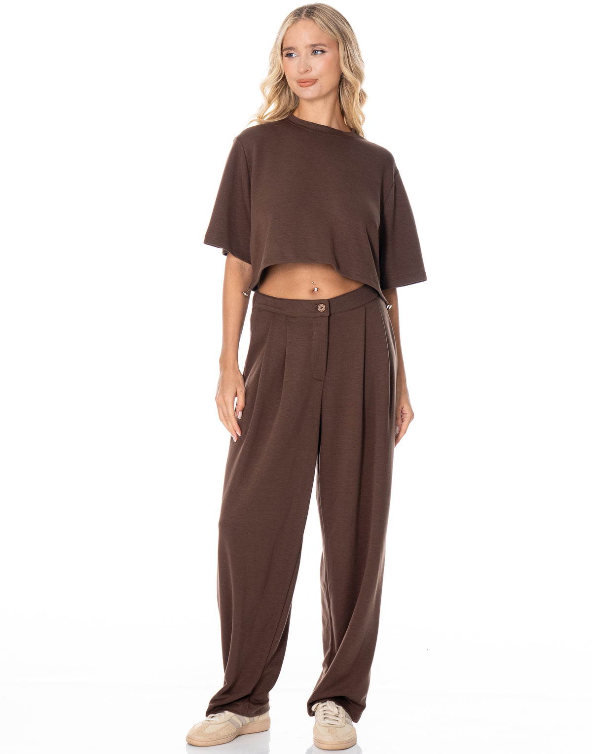 Boxy Crop Tee Wide Pant Lounge Set - Coffee
