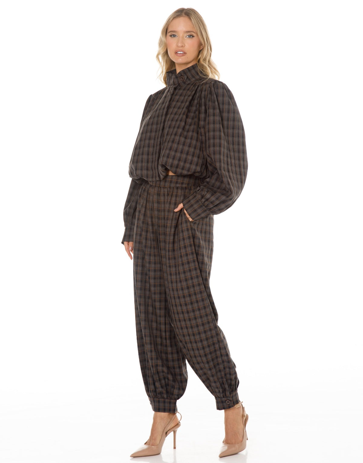 Plaid Mock Neck Blouse and Jogger Pants Set - Charcoal