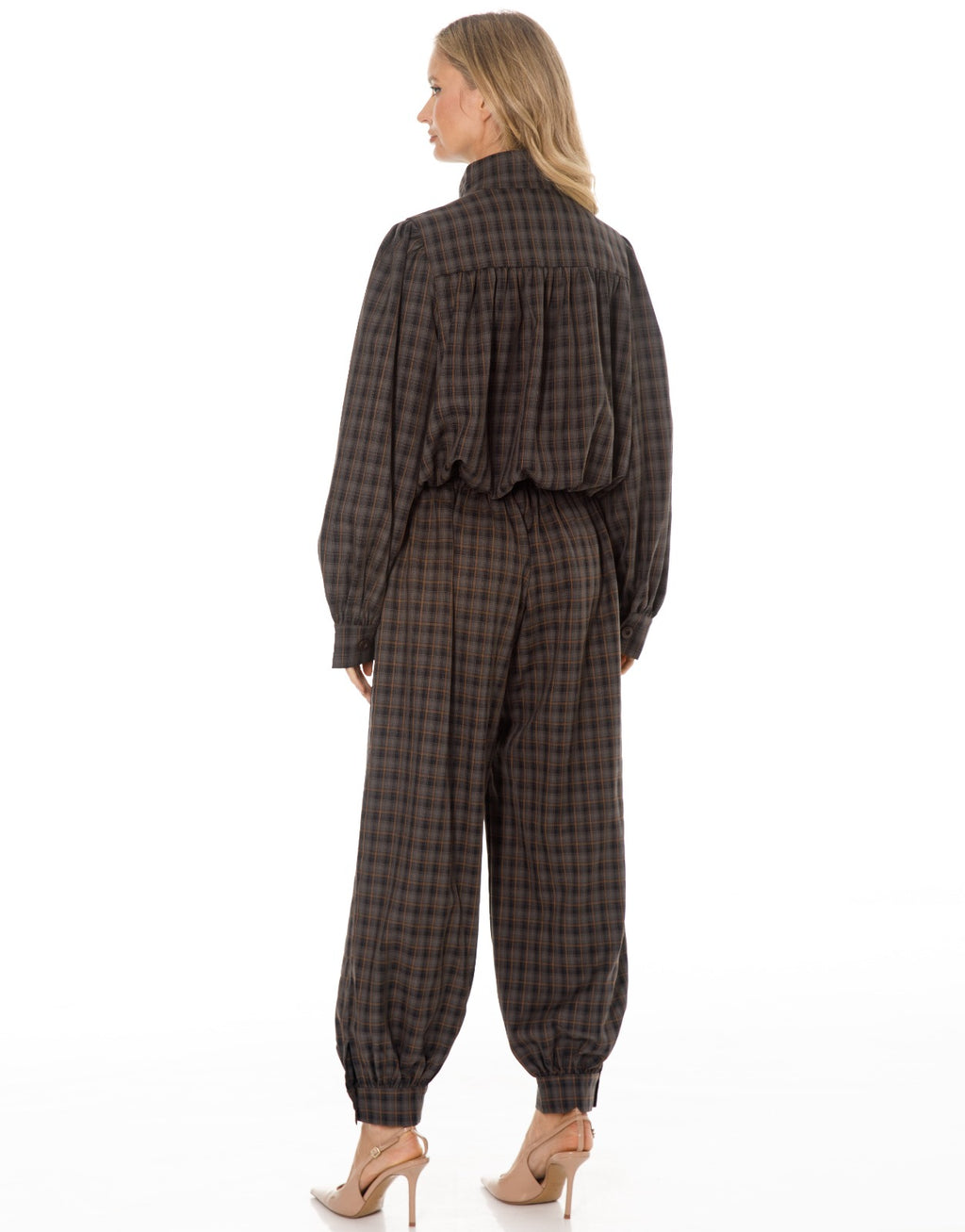 Plaid Mock Neck Blouse and Jogger Pants Set - Charcoal