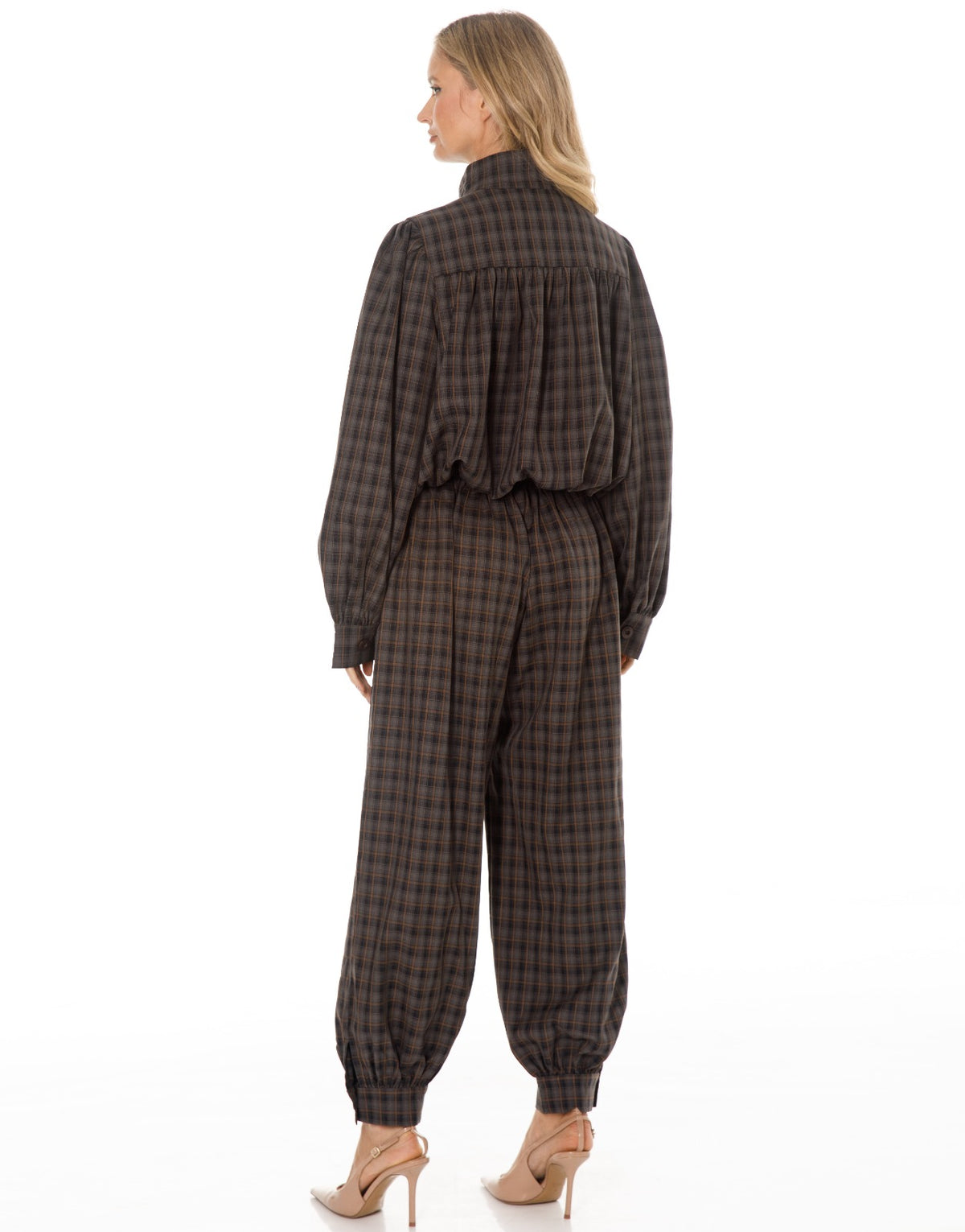 Plaid Mock Neck Blouse and Jogger Pants Set - Charcoal