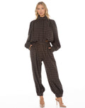 Plaid Mock Neck Blouse and Jogger Pants Set - Charcoal