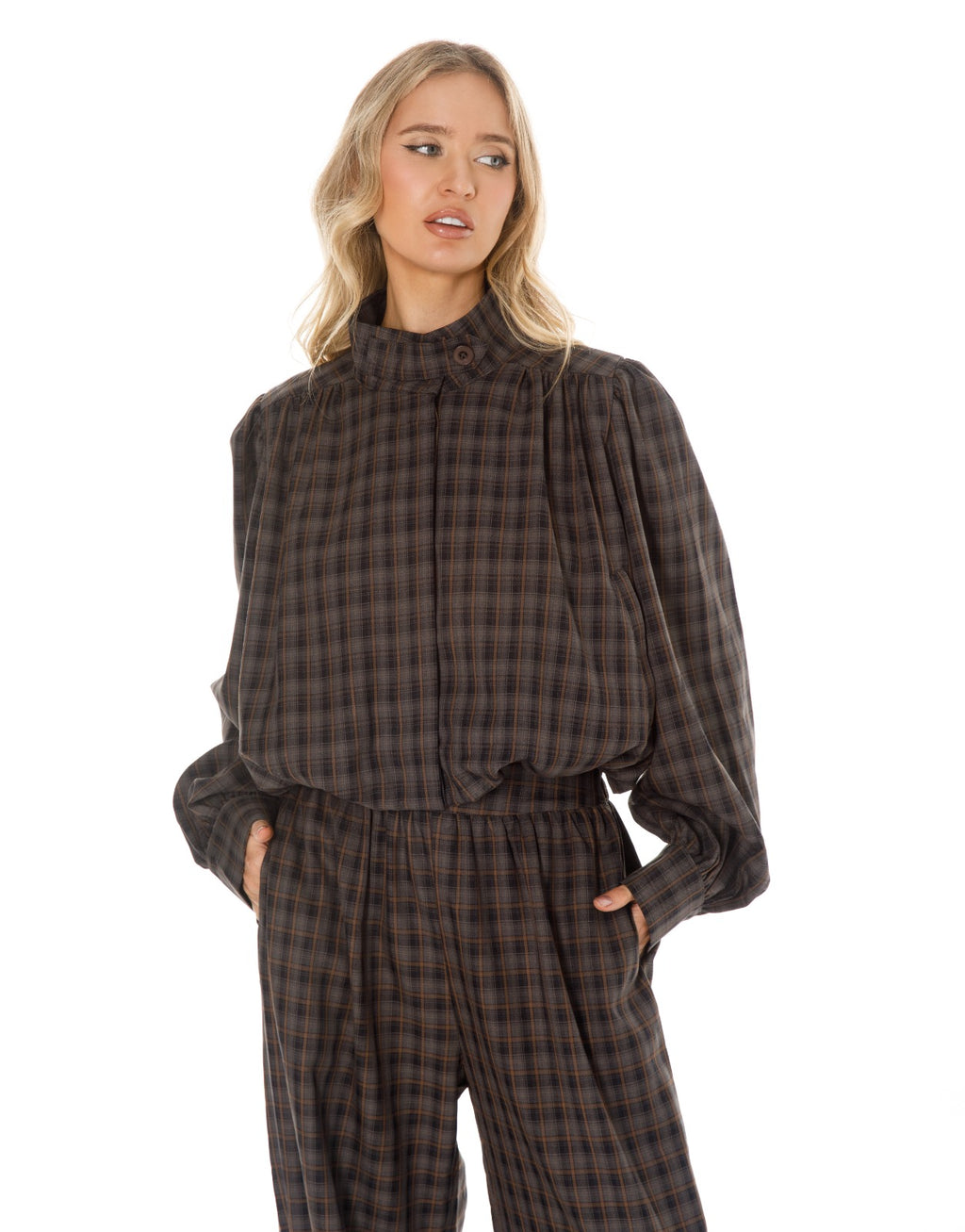 Plaid Mock Neck Blouse and Jogger Pants Set - Charcoal