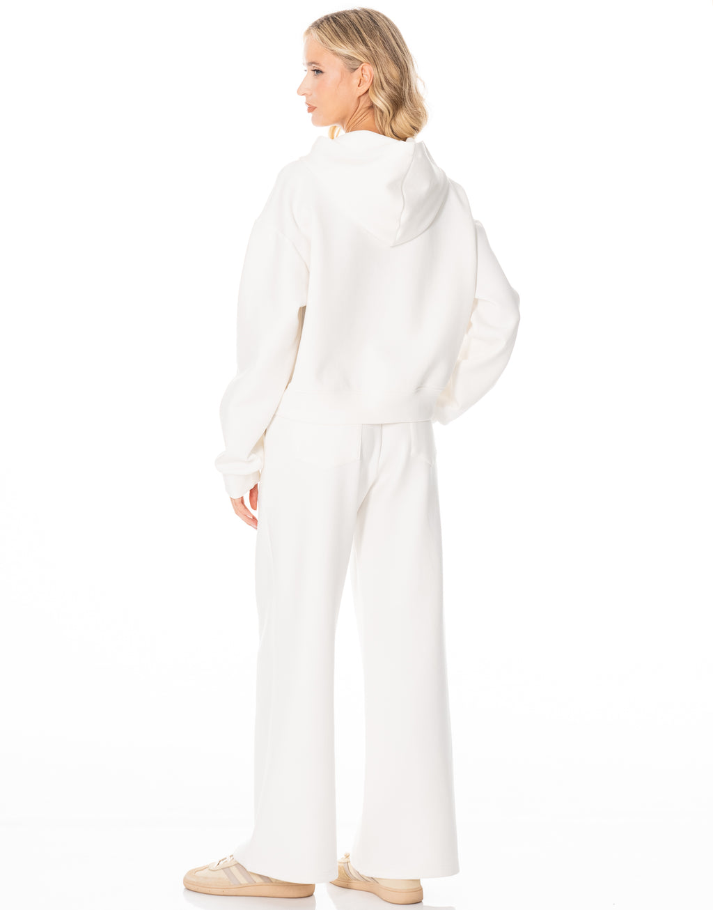 Corded Zip Hoodie and Wide Leg Pants Set - Beige